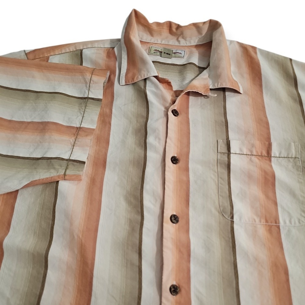 Tommy Bahama 100% Silk Large Brown, Beige Striped Aloha Camp Shirt‎